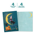 Load image into Gallery viewer, The cover and inside of Tree-Free’s Black Cat and Moon card, along with the following text: “4 greeting cards, 4 matching envelopes”
