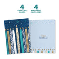 Load image into Gallery viewer, The cover and inside of Tree-Free’s Menorah Candles card, along with the following text: “4 greeting cards, 4 matching envelopes”