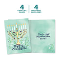 Load image into Gallery viewer, The cover and inside of Tree-Free’s Floral Menorah card, along with the following text: “4 greeting cards, 4 matching envelopes”