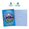 Load image into Gallery viewer, The cover and inside of Tree-Free’s Longest Night Mandala card, along with the following text: “4 greeting cards, 4 matching envelopes”