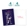 Load image into Gallery viewer, The cover and inside of Tree-Free’s Year Of Celebration card, along with the following text: “4 greeting cards, 4 matching envelopes”
