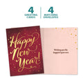 Load image into Gallery viewer, The cover and inside of Tree-Free’s Golden New Year card, along with the following text: “4 greeting cards, 4 matching envelopes”