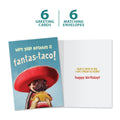 Load image into Gallery viewer, The cover and inside of Tree-Free’s Fantas-Taco card, along with the following text: “6 greeting cards, 6 matching envelopes”