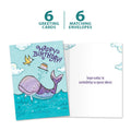 Load image into Gallery viewer, The cover and inside of Tree-Free’s Whaley Happy card, along with the following text: “6 greeting cards, 6 matching envelopes”