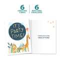 Load image into Gallery viewer, The cover and inside of Tree-Free’s Party Time Animals card, along with the following text: “6 greeting cards, 6 matching envelopes”
