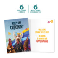 Load image into Gallery viewer, The cover and inside of Tree-Free’s Keep On Cluckin' card, along with the following text: “6 greeting cards, 6 matching envelopes”