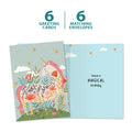 Load image into Gallery viewer, The cover and inside of Tree-Free’s Magical Floral Unicorn card, along with the following text: “6 greeting cards, 6 matching envelopes”