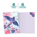 Load image into Gallery viewer, The cover and inside of Tree-Free’s Whimsical Bird card, along with the following text: “6 greeting cards, 6 matching envelopes”