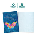 Load image into Gallery viewer, The cover and inside of Tree-Free’s Caterpillar Butterfly card, along with the following text: “6 greeting cards, 6 matching envelopes”