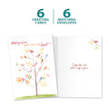 Load image into Gallery viewer, The cover and inside of Tree-Free’s Song In My Heart card, along with the following text: “6 greeting cards, 6 matching envelopes”