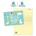 Load image into Gallery viewer, The cover and inside of Tree-Free’s Hello Baby card, along with the following text: “6 greeting cards, 6 matching envelopes”