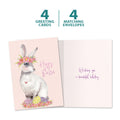 Load image into Gallery viewer, The cover and inside of Tree-Free’s Pretty Hoppy Bunny card, along with the following text: “4 greeting cards, 4 matching envelopes”