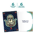 Load image into Gallery viewer, The cover and inside of Tree-Free’s Meditating Elephant card, along with the following text: “6 greeting cards, 6 matching envelopes”