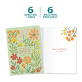 Load image into Gallery viewer, The cover and inside of Tree-Free’s Precious Blooms card, along with the following text: “6 greeting cards, 6 matching envelopes”