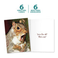 Load image into Gallery viewer, The cover and inside of Tree-Free’s Nuts Squirrel card, along with the following text: “6 greeting cards, 6 matching envelopes”
