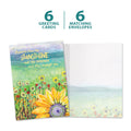 Load image into Gallery viewer, The cover and inside of Tree-Free’s Delight Sunflower card, along with the following text: “6 greeting cards, 6 matching envelopes”