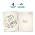Load image into Gallery viewer, The cover and inside of Tree-Free’s Spring Wreath card, along with the following text: “4 greeting cards, 4 matching envelopes”