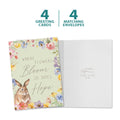 Load image into Gallery viewer, The cover and inside of Tree-Free’s Hope Blooms card, along with the following text: “4 greeting cards, 4 matching envelopes”