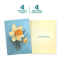 Load image into Gallery viewer, The cover and inside of Tree-Free’s Spring Daffodil card, along with the following text: “4 greeting cards, 4 matching envelopes”