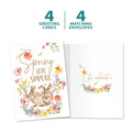 Load image into Gallery viewer, The cover and inside of Tree-Free’s Spring Has Sprung card, along with the following text: “4 greeting cards, 4 matching envelopes”