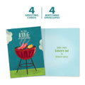 Load image into Gallery viewer, The cover and inside of Tree-Free’s King of the Grill card, along with the following text: “4 greeting cards, 4 matching envelopes”