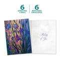 Load image into Gallery viewer, The cover and inside of Tree-Free’s Thoughtful Irises card, along with the following text: “6 greeting cards, 6 matching envelopes”