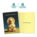 Load image into Gallery viewer, The cover and inside of Tree-Free’s Lotus Yoga Chick card, along with the following text: “6 greeting cards, 6 matching envelopes”
