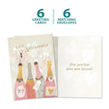 Load image into Gallery viewer, The cover and inside of Tree-Free’s Aniversario Champagne card, along with the following text: “6 greeting cards, 6 matching envelopes”