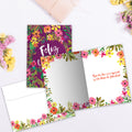 Load image into Gallery viewer, The inside of Tree-Free’s Cumpleanos Flowers card, with the cover and envelope in the background.