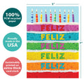 Load image into Gallery viewer, The cover of Tree-Free’s Feliz Cake card with lines demonstrating its 5x7 dimensions, along with the following text: “100% PCW recycled paper, proudly made in the USA, sustainably printed on extra-thick card stock”