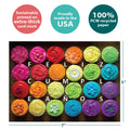 Load image into Gallery viewer, The cover of Tree-Free’s Feliz Cupcakes card with lines demonstrating its 5x7 dimensions, along with the following text: “100% PCW recycled paper, proudly made in the USA, sustainably printed on extra-thick card stock”