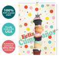 Load image into Gallery viewer, The cover of Tree-Free’s Cumpleanos Mouse card with lines demonstrating its 5x7 dimensions, along with the following text: “100% PCW recycled paper, proudly made in the USA, sustainably printed on extra-thick card stock”