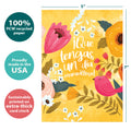 Load image into Gallery viewer, The cover of Tree-Free’s Cumpleanos Bird card with lines demonstrating its 5x7 dimensions, along with the following text: “100% PCW recycled paper, proudly made in the USA, sustainably printed on extra-thick card stock”