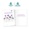 Load image into Gallery viewer, The cover and inside of Tree-Free’s Simpatia Flowers card, along with the following text: “6 greeting cards, 6 matching envelopes”