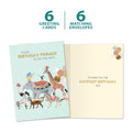Load image into Gallery viewer, The cover and inside of Tree-Free’s Parade on the Way card, along with the following text: “6 greeting cards, 6 matching envelopes”