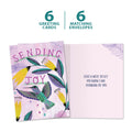 Load image into Gallery viewer, The cover and inside of Tree-Free’s Sending Joy card, along with the following text: “6 greeting cards, 6 matching envelopes”