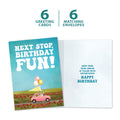 Load image into Gallery viewer, The cover and inside of Tree-Free’s Next Stop card, along with the following text: “6 greeting cards, 6 matching envelopes”