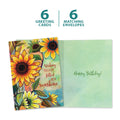 Load image into Gallery viewer, The cover and inside of Tree-Free’s Thankful Sunshine card, along with the following text: “6 greeting cards, 6 matching envelopes”
