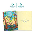 Load image into Gallery viewer, The cover and inside of Tree-Free’s Shared Happiness card, along with the following text: “6 greeting cards, 6 matching envelopes”