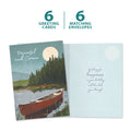 Load image into Gallery viewer, The cover and inside of Tree-Free’s Serene Canoe card, along with the following text: “6 greeting cards, 6 matching envelopes”