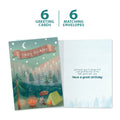 Load image into Gallery viewer, The cover and inside of Tree-Free’s Great Time Camping card, along with the following text: “6 greeting cards, 6 matching envelopes”