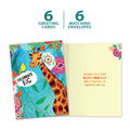 Load image into Gallery viewer, The cover and inside of Tree-Free’s Hello Giraffe card, along with the following text: “6 greeting cards, 6 matching envelopes”