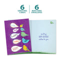 Load image into Gallery viewer, The cover and inside of Tree-Free’s Happy Birds card, along with the following text: “6 greeting cards, 6 matching envelopes”