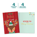 Load image into Gallery viewer, The cover and inside of Tree-Free’s Merry Bright Reindeer card, along with the following text: “4 greeting cards, 4 matching envelopes”