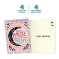 Load image into Gallery viewer, The cover and inside of Tree-Free’s Night Magic card, along with the following text: “4 greeting cards, 4 matching envelopes”