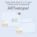 Load image into Gallery viewer, The envelope for Tree-Free’s Joyful 60 card, along with the following text: “Every Tree-Free 5x7 card comes with a matching ARTvelope!”
