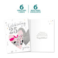 Load image into Gallery viewer, The cover and inside of Tree-Free’s Silver Celebration card, along with the following text: “6 greeting cards, 6 matching envelopes”