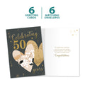 Load image into Gallery viewer, The cover and inside of Tree-Free’s Golden Celebration card, along with the following text: “6 greeting cards, 6 matching envelopes”