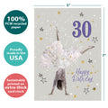 Load image into Gallery viewer, The cover of Tree-Free’s Exuberant 30 card with lines demonstrating its 5x7 dimensions, along with the following text: “100% PCW recycled paper, proudly made in the USA, sustainably printed on extra-thick card stock”