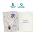 Load image into Gallery viewer, The cover and inside of Tree-Free’s Exuberant 30 card, along with the following text: “6 greeting cards, 6 matching envelopes”